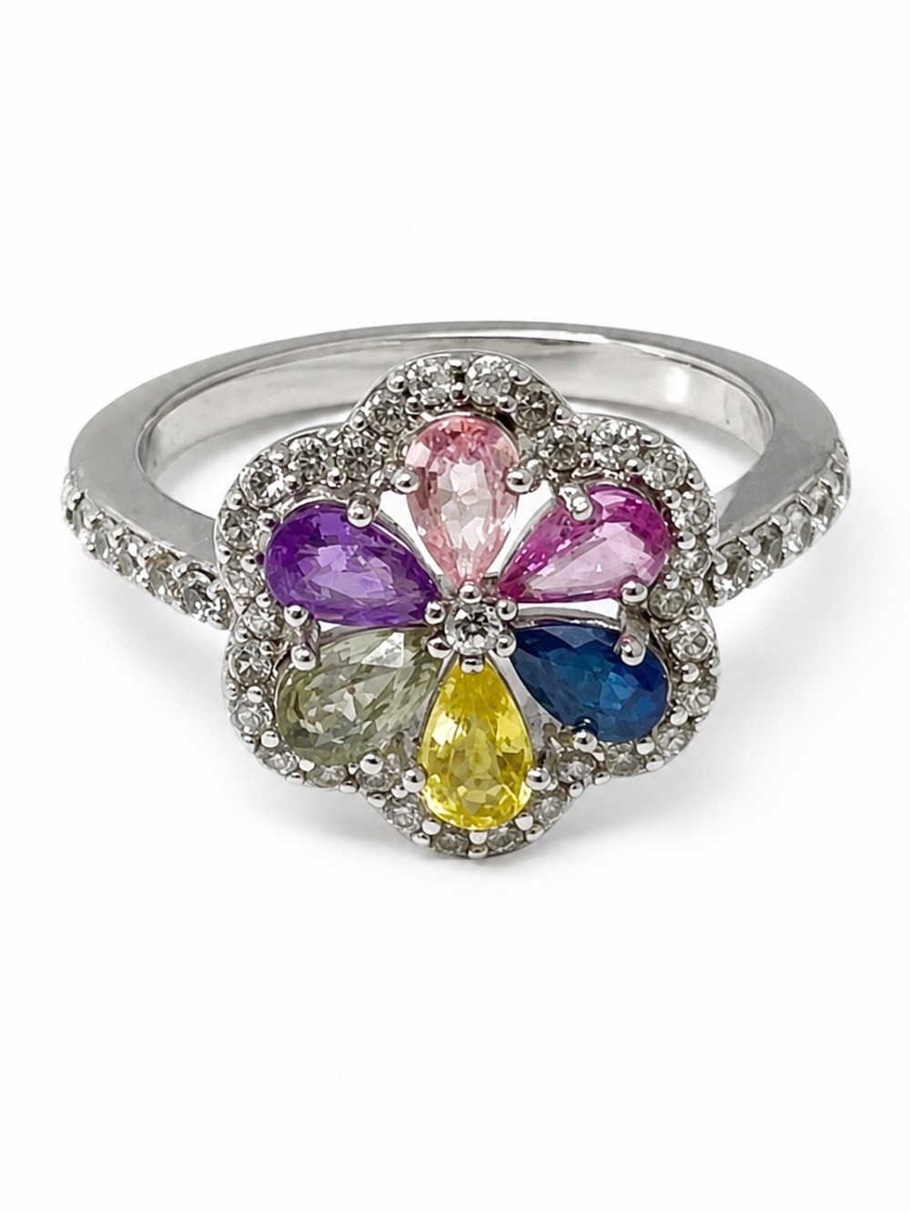 Multi-Sapphire Rainbow Flower Ring 🌸